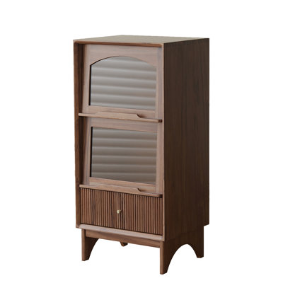 19.69" Nordic Minimalist Brown Solid Teak Narrow Wine Cabinet, Double Fluted Glass Door Storage Side Cabinet for Living Room Sofa Tea Station