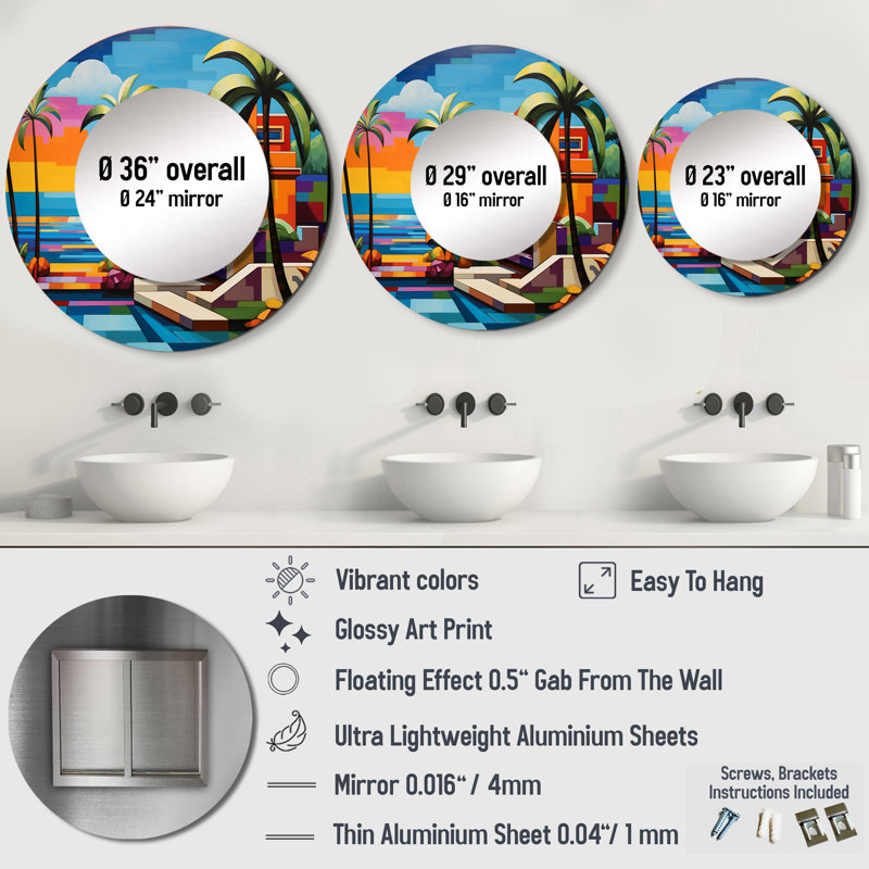 Pop Art Palm Beach en couleur I - miroir Pop Art, miroir mural rond unique Glam, impression sur métal, 29 po x 29 po
