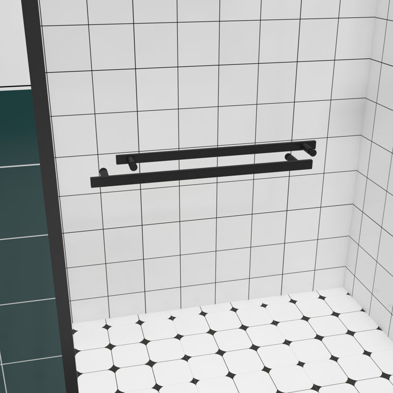 Porte de douche coulissante double à largeur réglable de 44 à 48 po avec système de sourdine en verre trempé, Noir
