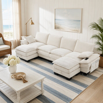 Sectional Cloud Modular Sofa with Deep Seat, Dual-Layer Cushioning, Corduroy Upholstery, USB Ports, and Flexible Reconfigurable Layout for Living Room, Apartment, Studio, or Office.