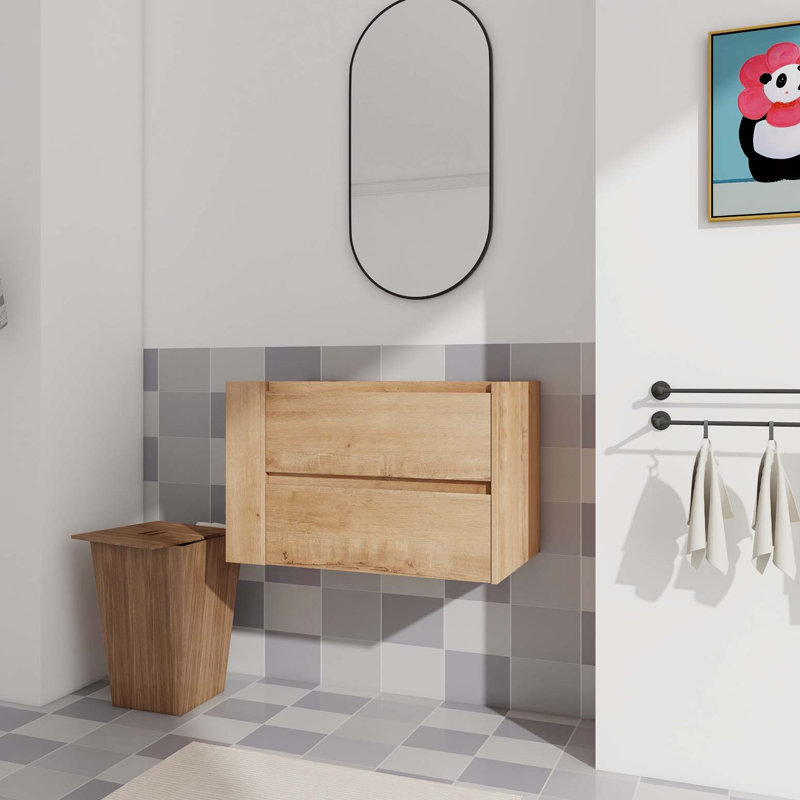 Meuble-lavabo mural 30 po, tiroir à fermeture en douceur, Imitation chêne