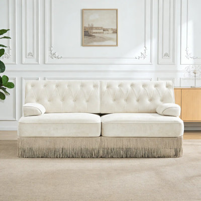Canapé Chesterfield 76,6 po en velours beige, conception capitonnée et jupe à pampilles, facile à assembler