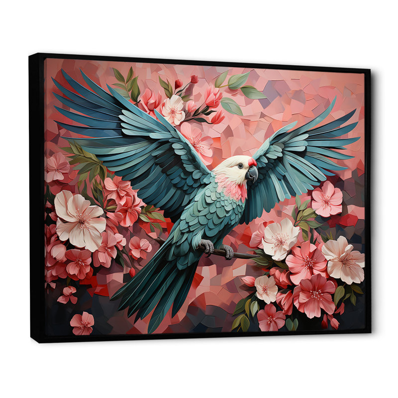 «Blue and Pink Parrot Paradise IV», art mural perroquet, Cadre flottant noir, H 30 po x l 40 po x P 1,5 po