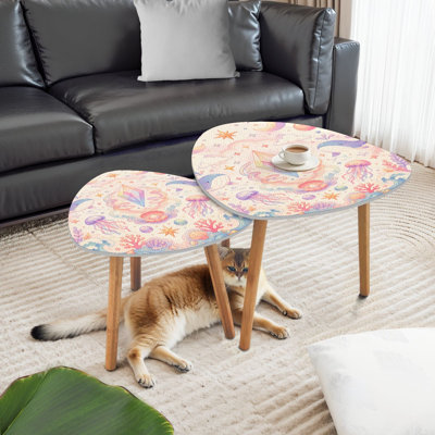 Triangle Nesting Coffee Table Set of 2 Whimsical Ocean Fantasy Crystal Whales Jellyfish Moons Pastel End Table Modern Minimalist Side Table Set for Living Room Bedroom