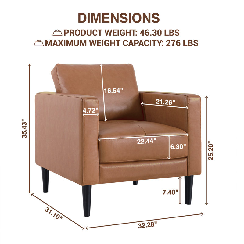 Esin Genuine Leather Mid-Century Accent Chair – Compact Single Sofa Chair for Urban Apartments, Home Office & Guest Rooms