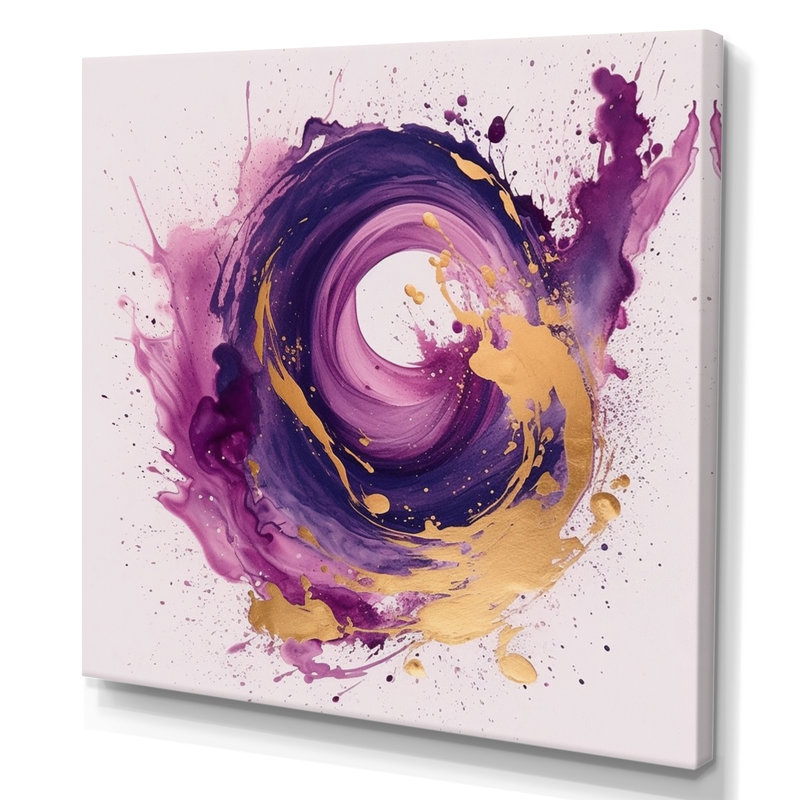 Toile abstraite, reproduction de spirale or mauve - Coups mauves et dorés II, 16" H x 16" W, Toile tendue