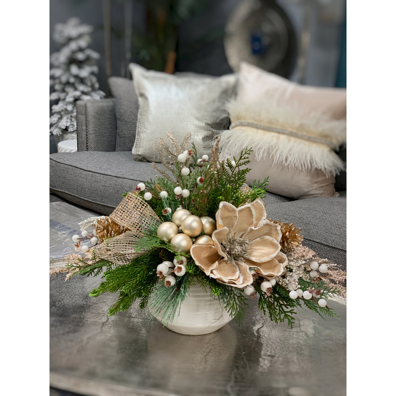 Magnolia Arrangement With Greens And Pine Cones