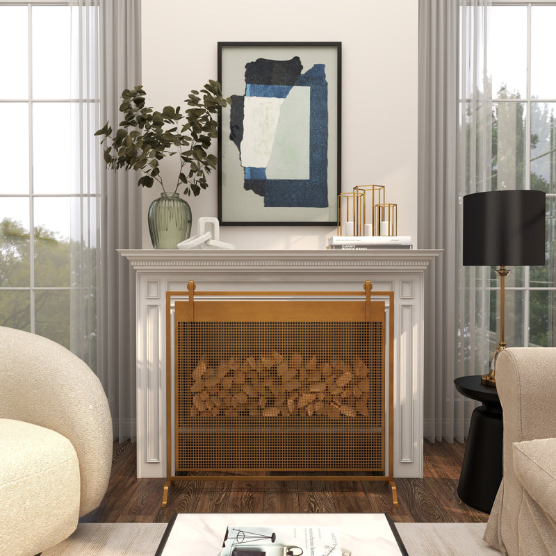 Metal Suspended Grid Single Panel Geometric Fireplace Screen with Bolted Detailing, Gold