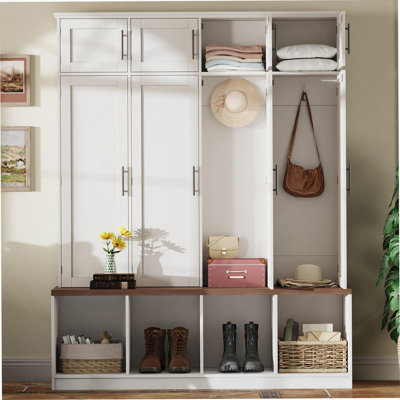 Arbre d'entrée Farmhouse avec 4 crochets cachés, banc polyvalent en noyer et armoire à chaussures à 8 portes pour le vestibule, salon, blanc