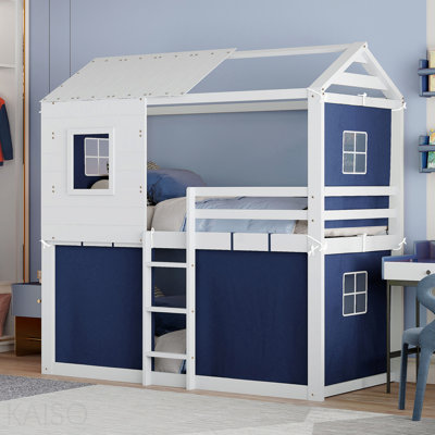 Lit simple superposé en bois avec tente, bleu et blanc
