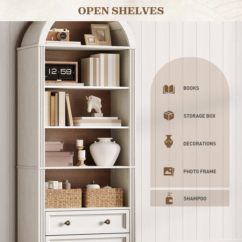 69.7" Farmhouse Arched Bookshelf with Open Display Shelves, 7 Tier Modern Bookcase with 2 Spacious Drawers and Cabinet