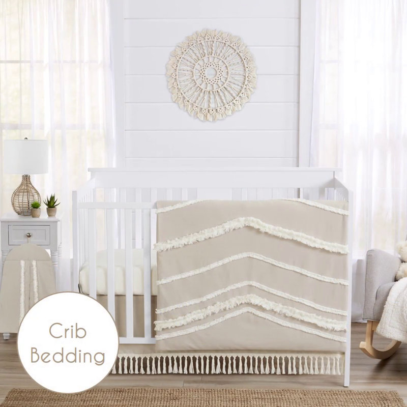 Taupe and Ivory Linen Blend Boho Fringe 4-Piece Crib Bedding Set