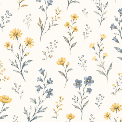 Peel and Stick Wallpaper French damask Dainty flower blue yellow floral farmouse style Wall Mural 23.6"W x 118"H Self Adhesive Removable Wall Paper Renter Friendly Wallpaper for Nursery Bedroom Cabinets