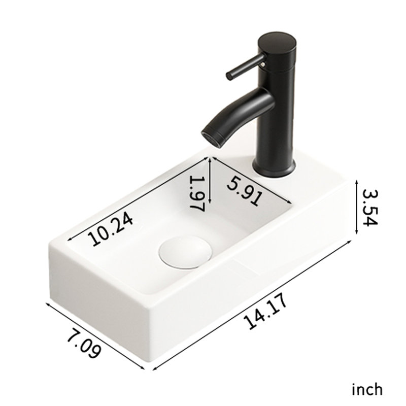 Lavabo suspendu en céramique blanc laiteux, trou de robinet à droite, forme rectangulaire, 14,73 x 6,94 x 3,55 pouces, convient aux petites salles de bain et à son utilisation