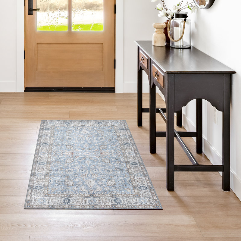 adamstown Emporia Tyras Machine Washable Traditional Border Indoor Area Rug, Ivory Light Blue Beige Non-Slip Chenille – Living Room & Bedroom