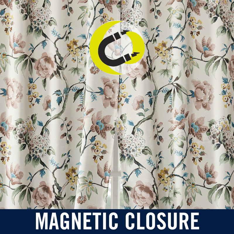 Claudette Vintage Floral Dual-Side Magnetic Closure 100% Blackout Back Tab Curtain Panel, Stone, 40" W X 63" L