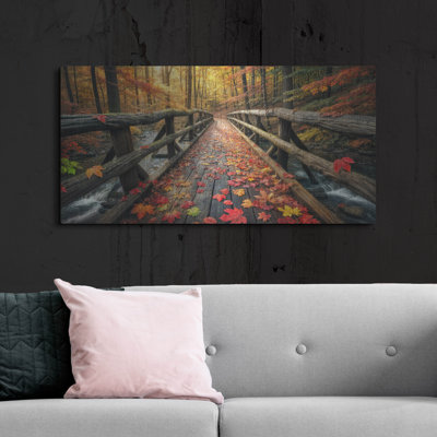  «Fall Forest Wooden Bridge» par Rey Klimt, art mural en métal