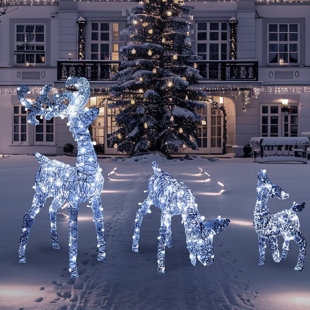3 Packs Christmas Decoration Deer Family, 185 LED Lighted Rattan Reindeers Yard Lights, Christmas Outdoor Decorations for Yard Garden Lawn, Xmas Decor, Cool White Deer