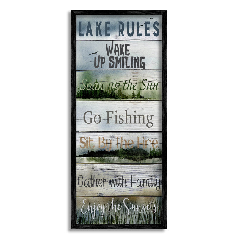 Lake Rules, liste rustique, estampe numérique par Kourtni Gunn, Giclée encadrée noir minuit, H 24 po x l 10 po x P 1,5 po
