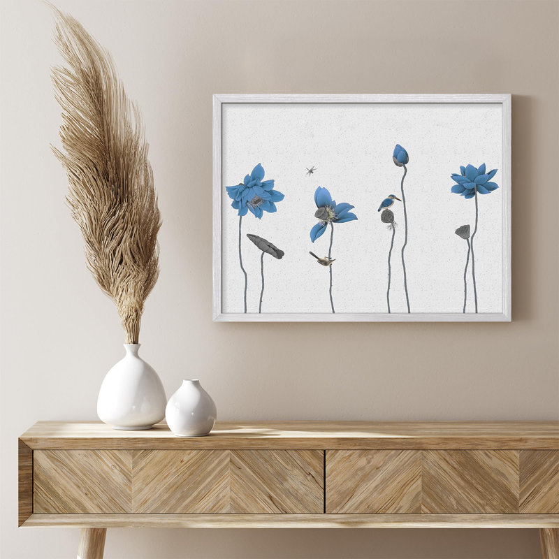 Fleurs de lotus bleues avec oiseaux et libellule sur fond neutre, affiche encadrée rustique, Blanc / Blanc, H 11 po x l 14 po