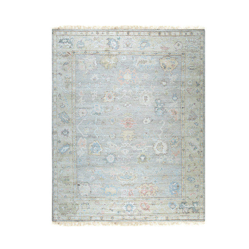 Tapis en soie naturel à motif floral gris / vert olive noué à la main Silk