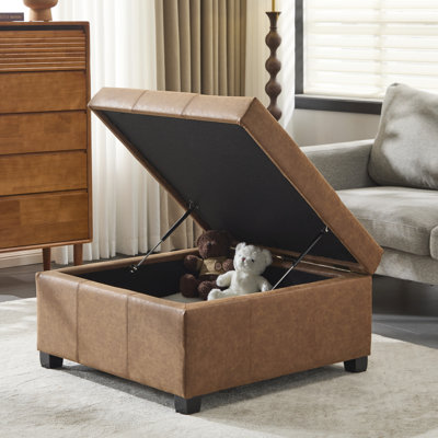 Rangement carré de 35 po en similicuir brun - Repose-pieds contemporain avec coutures gaufrées et caché pour le bureau de la chambre à coucher et du salon