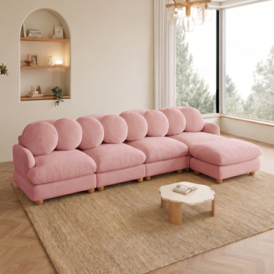 Grand canapé modulaire modulaire en chenille, canapé 5 places avec 8 coussins décoratifs, repose-pieds mobile, structure en bois massif pour le salon, la chambre à coucher et un appartement, rose