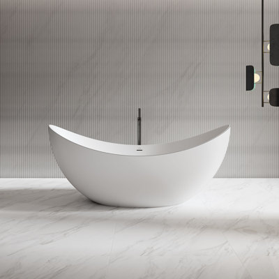 MonBlari 71" X 31" Solid Surface Freestanding White Soaking Bathtub with Overflow and Pop-up Drain For Bathroom