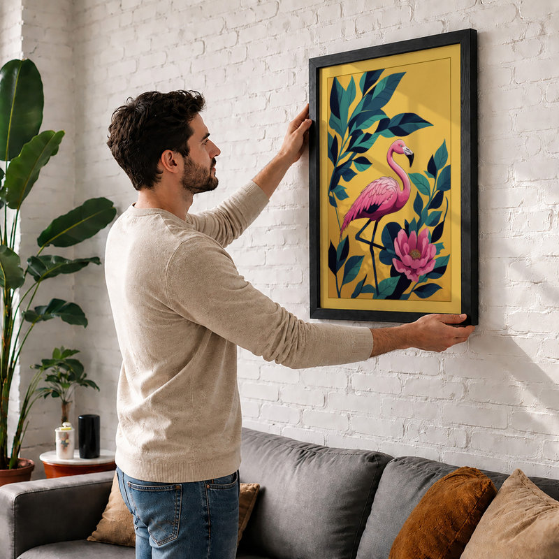 Flamingo in Bloom Tropical - Framed Print, A4 - 29.7 x 21.0 cm, Black