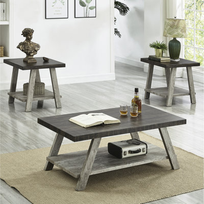 Contemporary 3 Coffee Table In Weathered Walnut Gray With Shelf Style Design