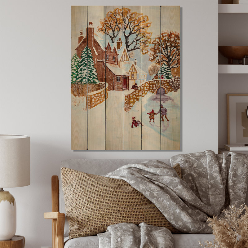 Enfants jouant pendant l'hiver de Noël - peinture sur bois sans cadre, H 32 po x l 16 po x P 1 po