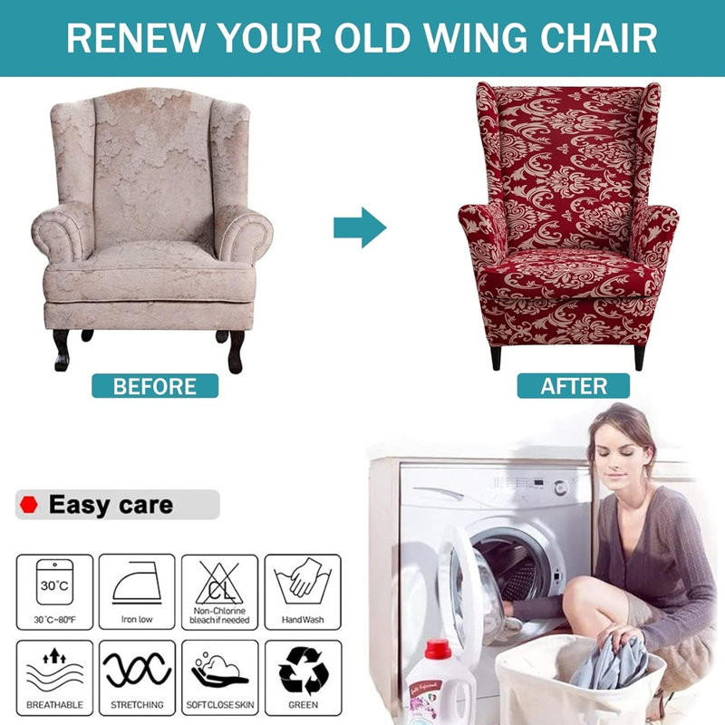 T Cushion Wingback Slipcover, Red/White Polyester