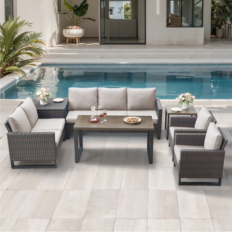 Ensemble de conversation d'extérieur en osier 7 personnes avec chaises longues et table basse Ingvald, Beige