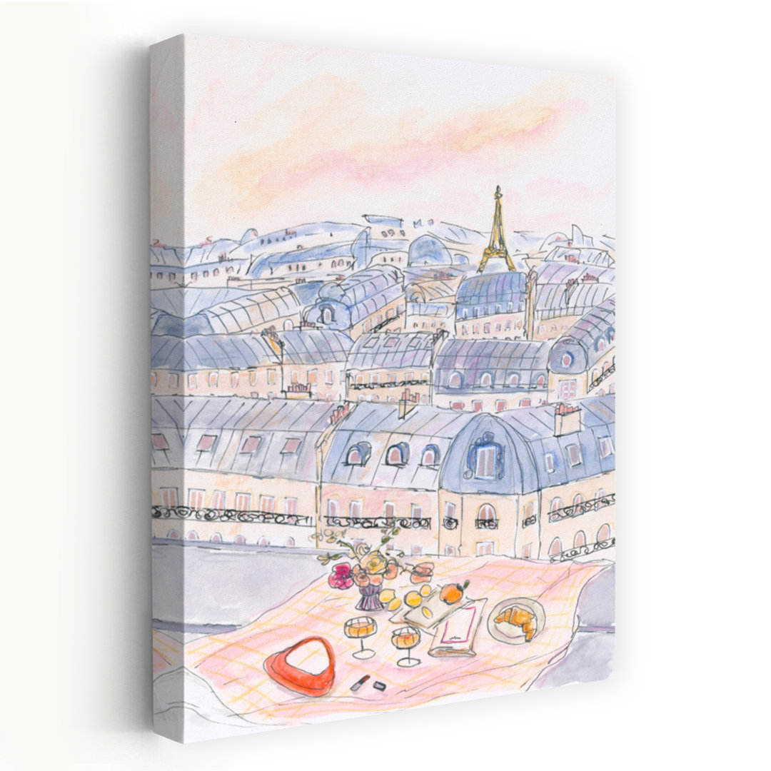 Parisian Rooftop Picnic With Eiffel Tower Views Romantic Contemporary Wall Art Print