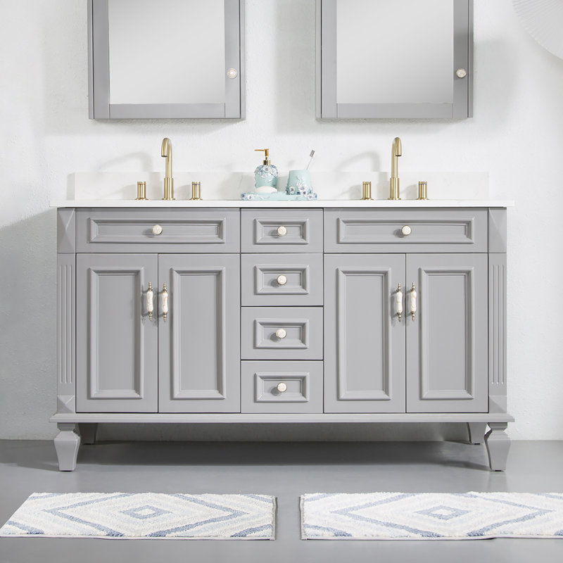 Elmmanual  35'' H X 60" W Solid Wood Bath Vanity with Stain-resistant Carrera White Quartz Top and Double Sink, Titainum Gray