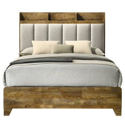 Transitional Design Queen Bed With Ports, Brown Upholstered Headboard For Bedroom Reimagining Finish, Ports And In Style Enhancement