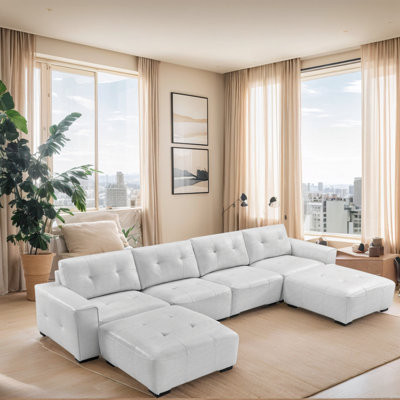 Modern Leather 6-Piece Classic U shaped Sleeper Sectional with Two Large Ottomans Chaise