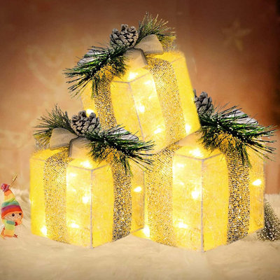 Boîtes-cadeaux 3 lumières festives 3 pièces - 60 lumières DEL blanc chaud pré-éclairées - décorations de Noël pour la maison / la cour / l'intérieur
