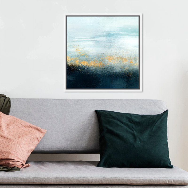 Reproduction d'art sur toile bleu doré, poudre dorée sur brume, éclaboussure d'océan moderne pour le salon, Cadre blanc blanc
