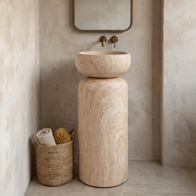 16'' Freestanding Solid Surface Pedestal Bathroom Sink with Travertine Texture