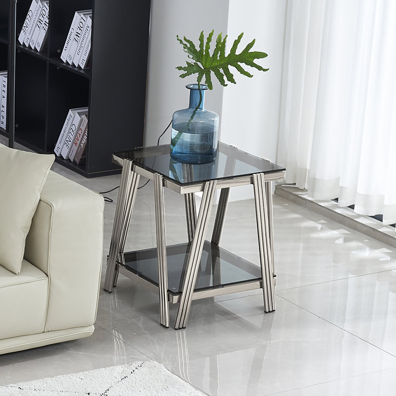 Allyse Glass Top End Table, Silver, Black