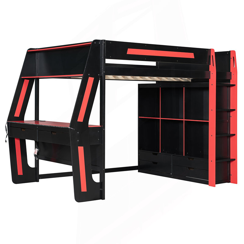 Lit mezzanine double pleine grandeur avec bureau intégré, lumières DEL RVB intelligentes et ports USB, Black+Red