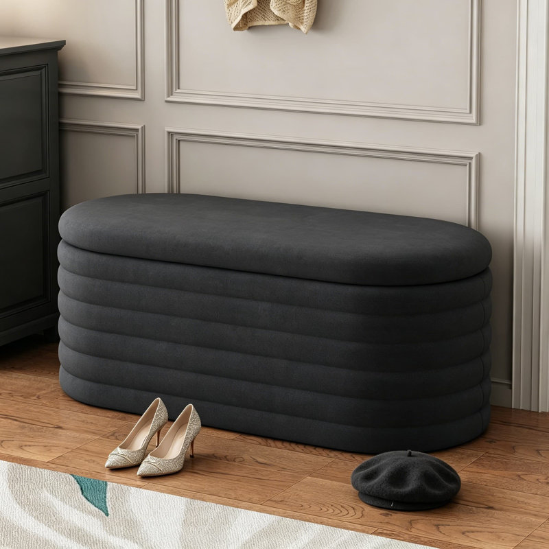 Banc de rangement avec repose-pieds de 40 po en chenille avec charnière de sécurité, banc de rangement ovale rabattable pour chambre à coucher, vestibule, salon, noir