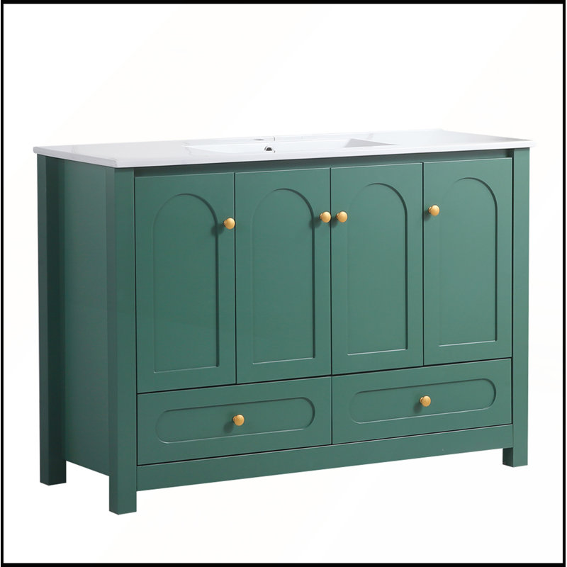 Meuble-lavabo vert 48 po avec lavabo en résine, rangement abondant, portes et tiroirs à fermeture en douceur, Vert