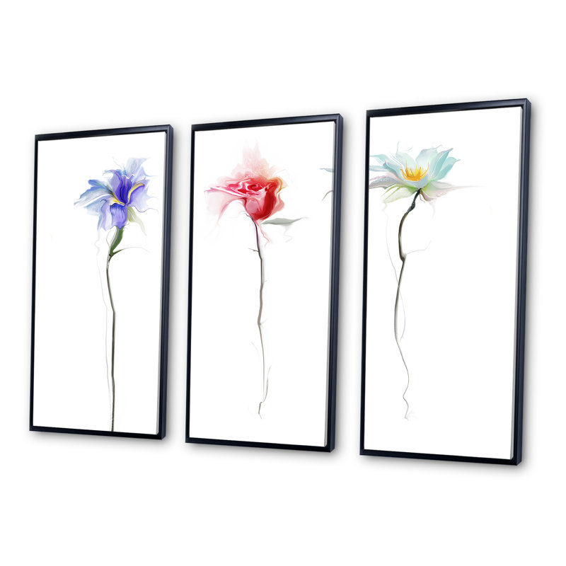 Three Flowers - 3 pièces, peinture sur toile à cadre flottant, Noir, H 28 po x l 36 po