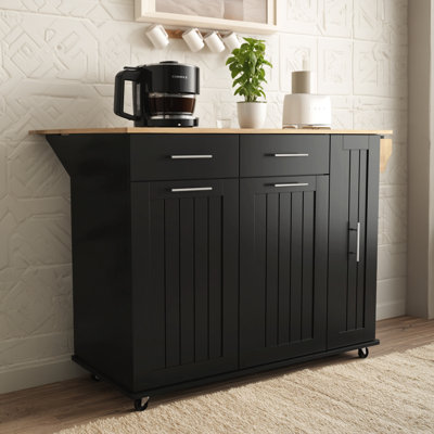 Kitchen Island With Folding Top, Storage Trolley, 3 Drawers, Interior Shelf, On Wheels, With Towel Rack, 2 Drawers, Suitable For Kitchens, Black by Latitude Run