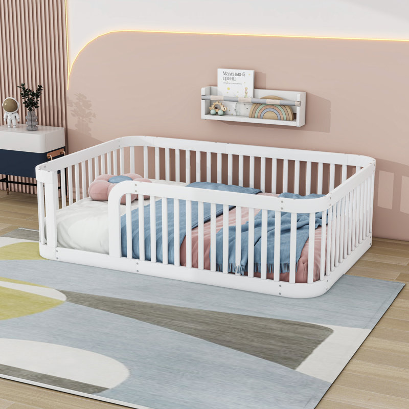 Wood Full Floor Bed Frame With Fence-Style Guardrails, White
