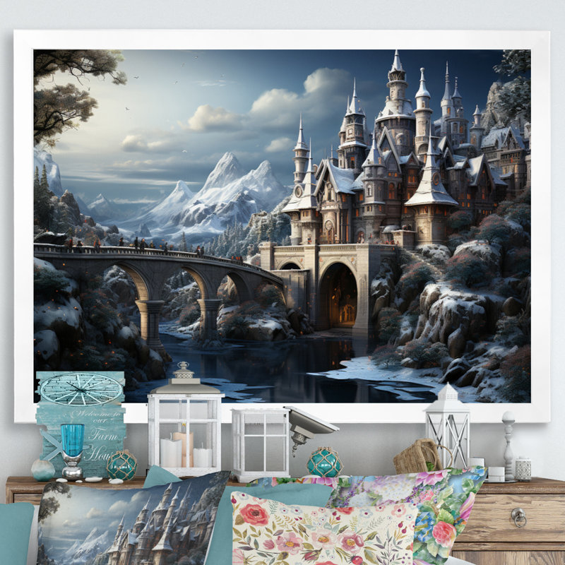 Winter Castle, reproduction d'art sur toile, Cadre simple blanc, H 16 po x l 32 po x P 1 po