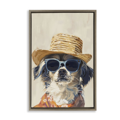 «Beach Holiday Pup», toile encadrée noire par Petals Prints Design