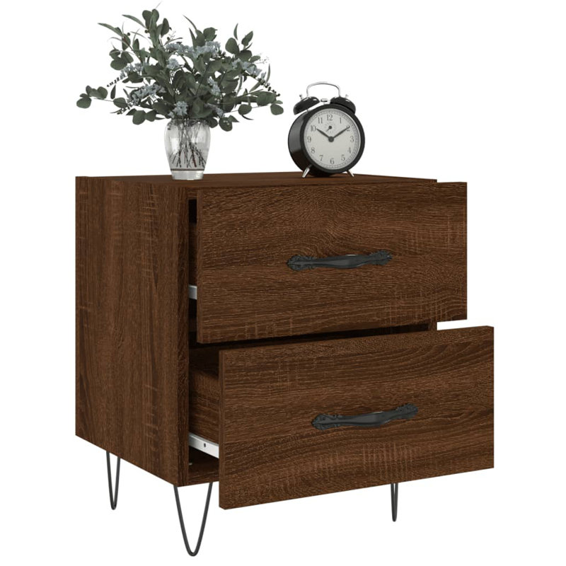 40cm W Iron Bedside Table, Brown Oak, Set of 2